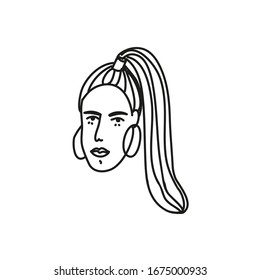 Minimalist black and white portrait in vector. Portrait of young woman in profile. Girl with ponytail and hoop earrings. Line drawing.