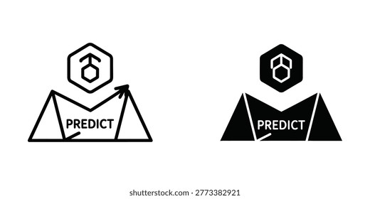 Minimalist black and white predictive analytics icon featuring upward trending graph shapes and a hexagon symbol, perfect for business, finance, and tech stock vectors.