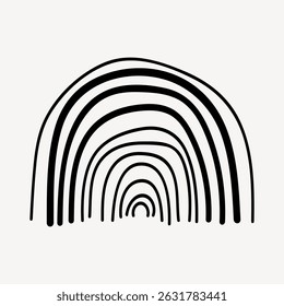 Minimalist black and white rainbow illustration with curved lines forming an arch pattern. Simple rainbow design with monochrome lines and arch shapes. Cute doodle vector.