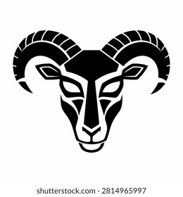Minimalist black and white ram head logo with curved horns, suitable for branding, logos, and creative design projects.