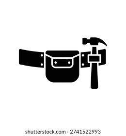 Minimalist black and white robot tool belt illustration with hammer, perfect for tech, construction, and repair industry graphics.