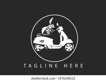 Minimalist black and white round shape logo of wasp riding a scooter. simple flat design vector of two-wheeler transportation.