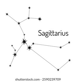 Minimalist black and white Sagittarius constellation illustration. Ideal for astrology lovers, zodiac designs, astronomy prints, and celestial-themed decor.