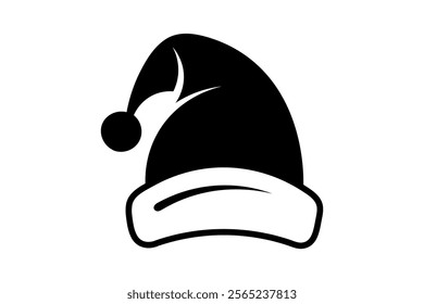 Minimalist black and white Santa Claus hat design for winter-themed designs, traditional Santa hat graphic, holiday decoration graphic, Santa hat silhouette, winter holiday design