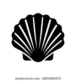 Minimalist black and white scallop shell icon design, marine sea symbol, ocean inspired vector illustration, coastal logo, beach emblem art