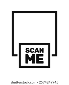 Minimalist black and white Scan Me icon design with a bold frame and text, simple style, isolated on white background. Concept of QR scan prompts. Vector illustration