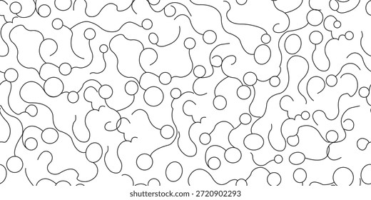A minimalist black and white seamless pattern featuring thin wandering lines and small circular shapes. This abstract geometric background is ideal for modern textile designs, wrapping paper, or minimalist web textures.