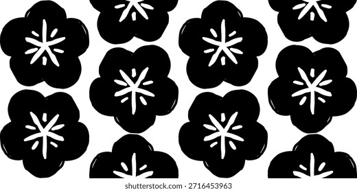 Padrão de vetor sem costura preto e branco minimalista de flores de flor de ameixa desenhadas à mão com estética oriental.