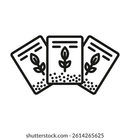 Minimalist black and white seed packet icon in line art style. Perfect for gardening apps, eco packaging and agricultural branding. Scalable vector.