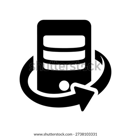 Minimalist black and white server database icon featuring a circular refresh arrow, symbolizing data update, cloud sync, and digital technology workflows.