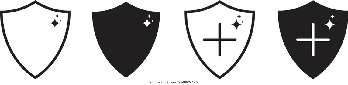 Minimalist black and white shield icons with sparkle and cross symbols, representing protection, safety, security status, antivirus interface, digital defense, and health shield concept.