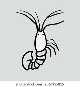 Minimalist Black and White Shrimp Line Drawing on Light Gray Background  