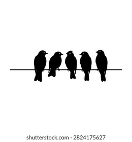Minimalist black and white silhouette of five birds sitting on a wire, emphasizing simplicity and natural bird behavior in a clean design.