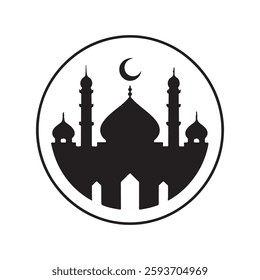 A minimalist, black and white silhouette of a mosque, set against a solid black circle.
