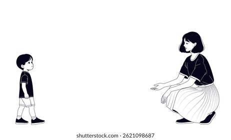 Minimalist black and white silhouette of mother reaching out to her young son. Wide horizontal 16:9 composition with space for text. Perfect for parenting, family support, education, child psychology.