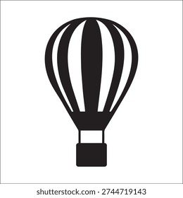 Minimalist black and white silhouette vector of a hot air balloon. This clean, professional graphic features a classic aerostat design with a hanging basket and a segmented envelope, representing travel, adventure, and high-level strategy. Ideal for tourism logos, festival branding, outdoor recreation icons, and business 