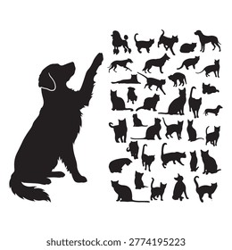 Minimalist black and white silhouette vector icon set featuring diverse dogs and cats in various poses, ideal for pet branding, design, and marketing.