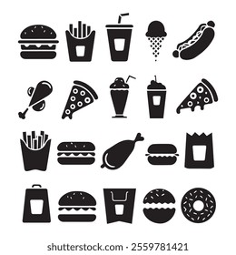 A minimalist, black and white silhouettes of fast food icons. There's a burger, soda cup, ice cream cone, hot dog, pizza slice, milkshake, french fries, chicken leg, sandwich, donut, and takeout bag