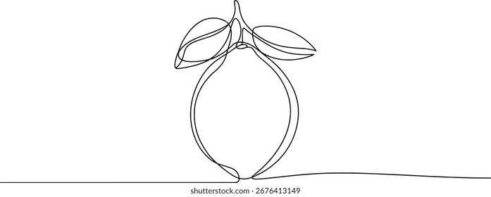 Un dibujo minimalista en blanco y negro de una sola línea de un limón con dos hojas.