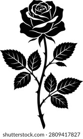 Minimalist black and white single rose illustration with stem and leaves