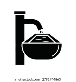 Minimalist black and white sink icon with flowing water from faucet
