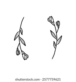 Minimalist black and white sketch featuring two elegant floral stems with blooming flower buds, embodying simplicity and natural beauty, perfect for minimalist or botanical themed design projects.