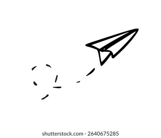 Minimalist black and white sketch of a paper plane. The planes dashed trail suggests motion and creativity. Ideal for representing innovation and freedom.