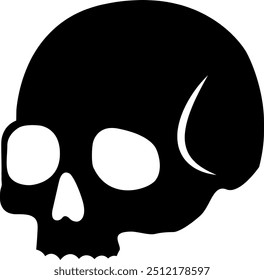 Ícone crânio preto e branco minimalista, perfeito para temas de Halloween, desenhos de horror, ou projetos de marca ousada