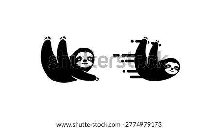 Minimalist black and white sloth vector icons showing a normal sloth and a fast-moving sloth with speed lines, representing irony, speed, and productivity.