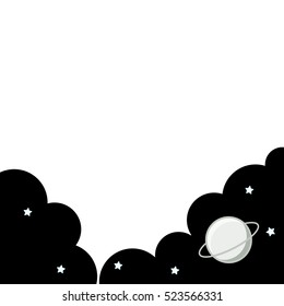 A minimalist black and white space background or border. Features simple clouds, stars, and a comet, with white copy space in the center. A clean vector template for posters, invitations, or stationer