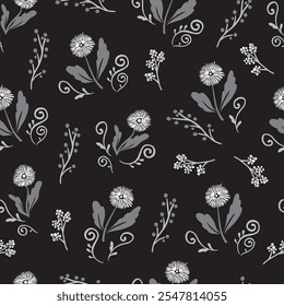 Minimalistisches Schwarz Weiß Frühlingslöwenmuster. Ideal für botanische Designs, naturinspirierte Textilien und Frühlingsdekoration. Perfekt für Verpackungen, digitale Designs.