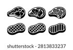 Minimalist black and white steak illustrations showing raw cuts with marbling and cooked steaks with grill marks, perfect for culinary, food design, and restaurant graphics