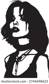 Minimalist black and white stencil portrait of a stylish young woman, street art style monochrome vector illustration of a girl with dark hair.