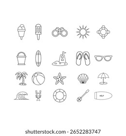 minimalist black and white summer and beach icon set including ice cream, sun, palm tree, lifebuoy, umbrella and waves on white background
