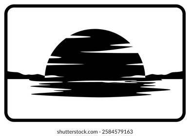 Minimalist black and white sunset over water with reflection and distant mountains