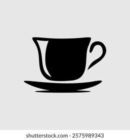 Minimalist black and white teacup silhouette with saucer. A simple yet elegant vector illustration, perfect for coffee shops, tea brands, cafe logos, menus, and beverage-related designs