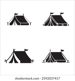 Minimalist Black and White Tent Icon – Simple Camping Tent Illustration with Triangular Structure, Supporting Poles, and Flag for Outdoor Adventure, Hiking, and Travel Design.eps