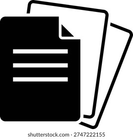 A minimalist black and white three stacked documents. The foremost document is solid black with three horizontal white lines representing text or data. The subsequent two documents are white outlines, slightly offset and angled, suggesting a layered or sequential arrangement. The overall composition is clean and abstract.