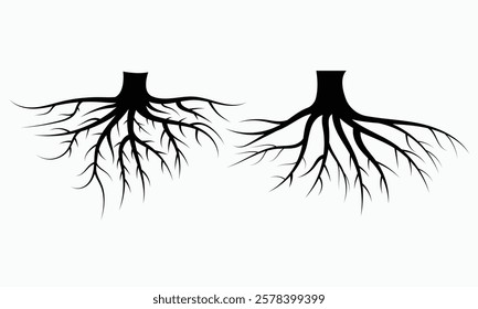 Minimalist Black and White Tree with Simple Roots, Elegant Silhouette Design, Illustrations