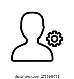 Icono de perfil de usuario minimalista en blanco y negro con un símbolo de ajuste de engranaje, ideal para negocios, tecnología y conceptos de personalización en diseño de Web y App.