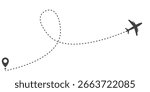 Minimalist black and white vector of an airplane with a dotted flight trail. Ideal for travel icons, aviation symbols, flight route maps, navigation graphics, and tourism branding. Clean, modern, and 