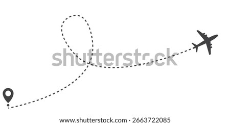 Minimalist black and white vector of an airplane with a dotted flight trail. Ideal for travel icons, aviation symbols, flight route maps, navigation graphics, and tourism branding. Clean, modern, and 