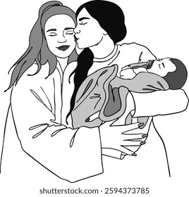 Minimalist black and white vector art of two female embracing, one kissing the other while holding a newborn baby. LGBT,  love, family bonds, motherhood, friendship, and emotional connection.