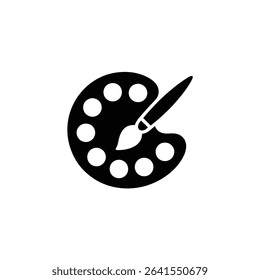 Minimalist black and white vector art shows a painter's palette with seven paint wells and a paintbrush resting across it, ideal for art-themed designs.