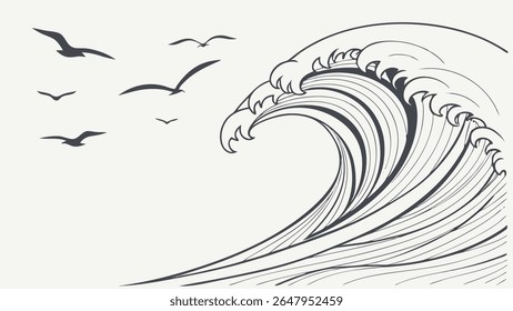 Minimalist black and white vector art of a powerful ocean wave with soaring seagulls, depicting serene marine nature and freedom.