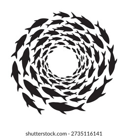 Minimalist black and white vector art of a school of fish swimming in a circular vortex.