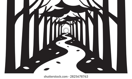 Minimalist black and white vector art of a winding forest path leading to a rising sun at the horizon.