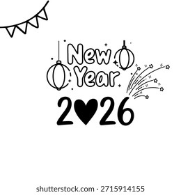 Diseño minimalista de Vector en blanco y negro para Feliz Año Nuevo 2026 con un símbolo de corazón, adornos colgantes y fuegos artificiales. Ilustración de arte lineal limpio para celebraciones navideñas modernas.