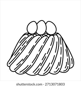 Un Vector minimalista en blanco y negro de un postre de Pascua con tres huevos descansando en la parte superior. Líneas limpias y estilizadas ideales para dulces de primavera, ilustraciones de panadería y páginas de libros para colorear