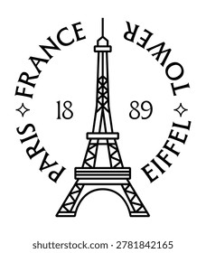 Minimalist black and white vector emblem of the Eiffel Tower with circular typography featuring 